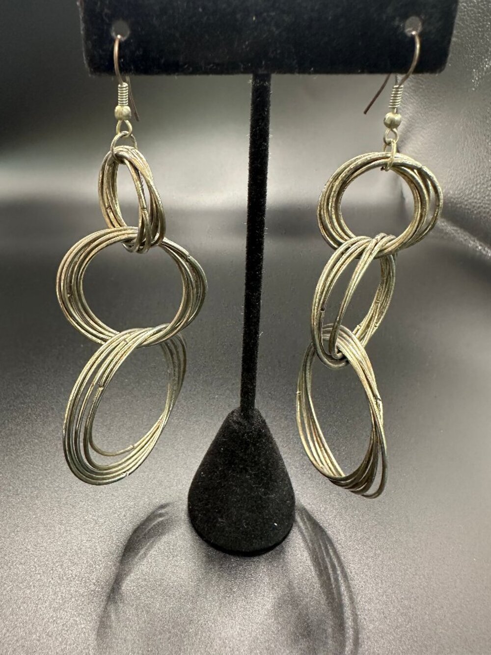 Vintage 1980s Silver Tone Multi Ring Statement Dangle Earrings 3.25"